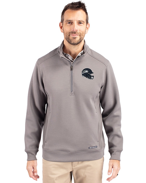 Seattle Seahawks NFL Helmet Cutter & Buck Roam Epic Versatility Recycled Quarter Zip Mens Pullover Elemental Grey Front
