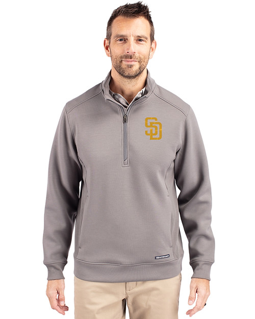 San Diego Padres Cutter & Buck Roam Epic Versatility Recycled Quarter Zip Mens Pullover Elemental Grey Front