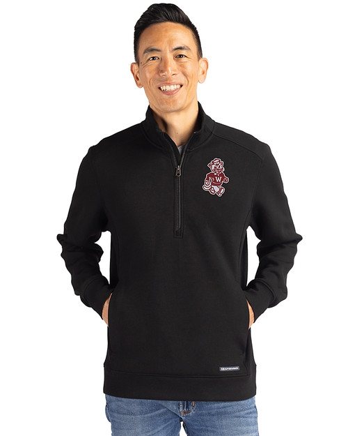 Washington State Cougars College Vault Cutter & Buck Roam Recycled Buttery-Soft Knit Mens Quarter Zip Jacket Black Front
