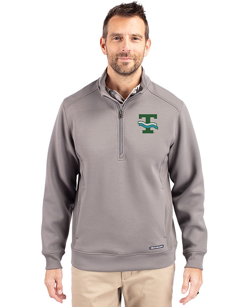 Tulane Green Wave College Vault Cutter & Buck Roam Recycled Buttery-Soft Knit Mens Quarter Zip Jacket Elemental Grey Front