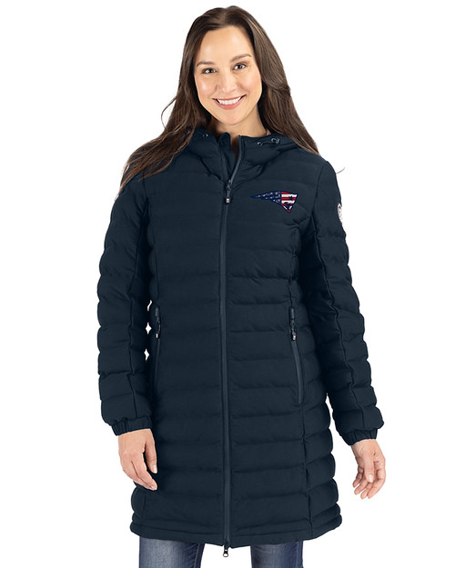 New England Patriots Americana Cutter & Buck Mission Ridge Repreve Eco Insulated Womens Long Puffer Jacket Navy Blue Front