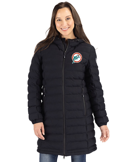 Miami Dolphins Historic Cutter & Buck Mission Ridge Repreve Eco Insulated Womens Long Puffer Jacket Black Front