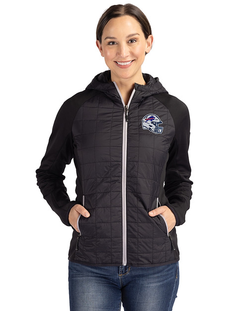 Buffalo Bills NFL Helmet Cutter & Buck Rainier Primaloft Womens Eco Full Zip Hybrid Jacket Black Front