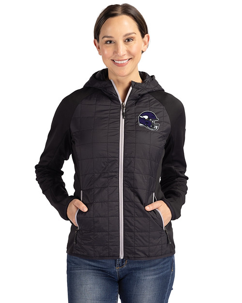 Minnesota Vikings NFL Helmet Cutter & Buck Rainier Primaloft Womens Eco Full Zip Hybrid Jacket Black Front