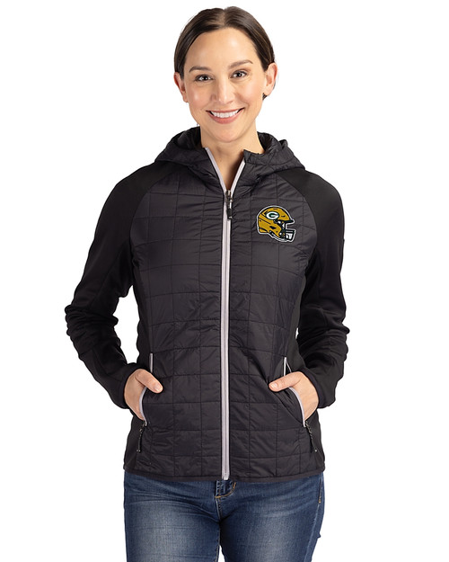 Green Bay Packers NFL Helmet Cutter & Buck Rainier Primaloft Womens Eco Full Zip Hybrid Jacket Black Front