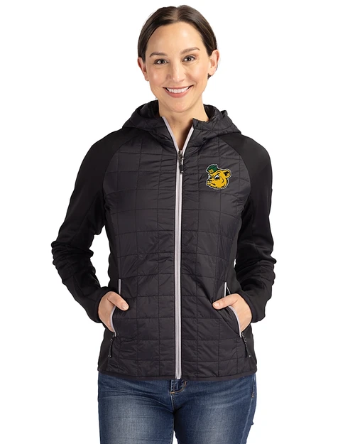 Baylor Sailor Bear College Vault Cutter & Buck Rainier Primaloft Womens Eco Full Zip Hybrid Jacket Black Front