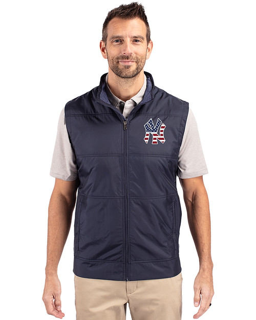 New York Yankees Stars & Stripes Cutter & Buck Stealth Hybrid Quilted Mens Windbreaker Vest Liberty Navy Front