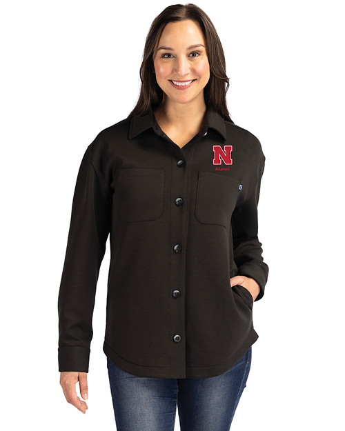 Nebraska Cornhuskers Alumni Cutter & Buck Roam Recycled Buttery-Soft Knit Womens Button Down Shirt Jacket Black Front