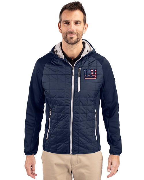 New York Giants Americana Cutter & Buck Rainier Primaloft Mens Eco Full Zip Hybrid Jacket Dark Navy Front