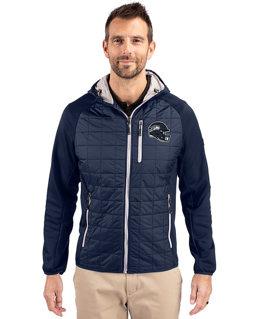 Seattle Seahawks NFL Helmet Cutter & Buck Rainier Recycled Insulated Hybrid Puffer Mens Full Zip Jacket Dark Navy Front