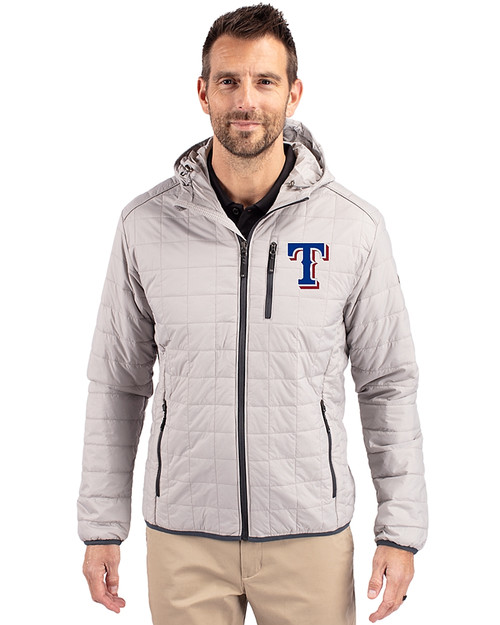 Texas Rangers Cutter & Buck Rainier Recycled Insulated Puffer Mens Full Zip Hooded Jacket Polished Medium Gray Front