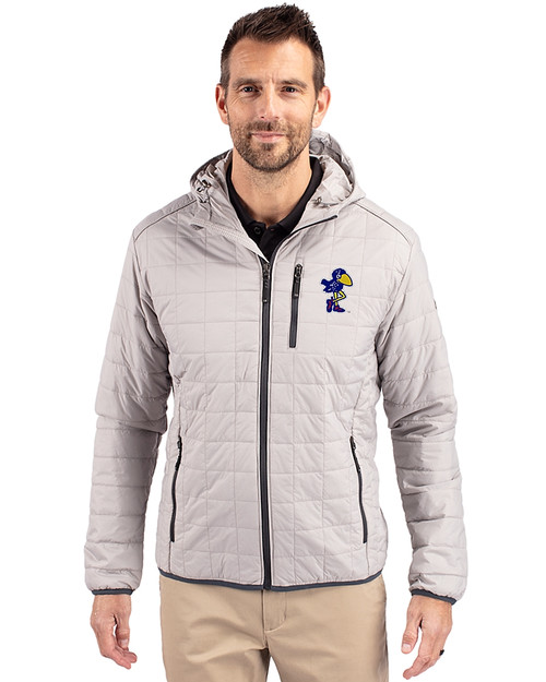 Kansas Jayhawks College Vault Cutter & Buck Rainier Primaloft Eco Mens Full Zip Hooded Jacket Polished Medium Gray Front
