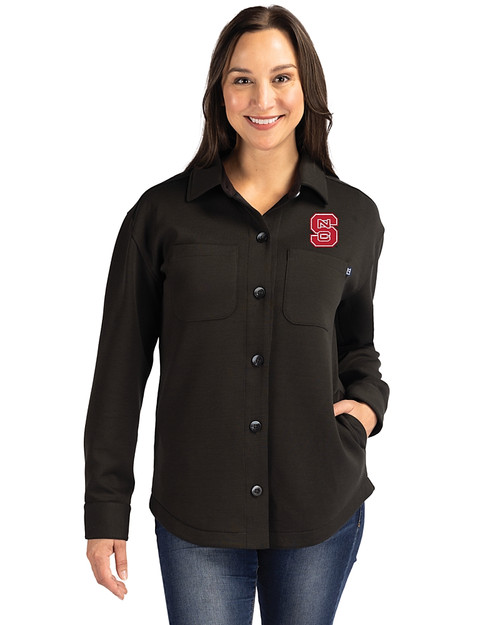 NC State Wolfpack Cutter & Buck Roam Epic Versatility Recycled Womens Shirt Jacket Black Front