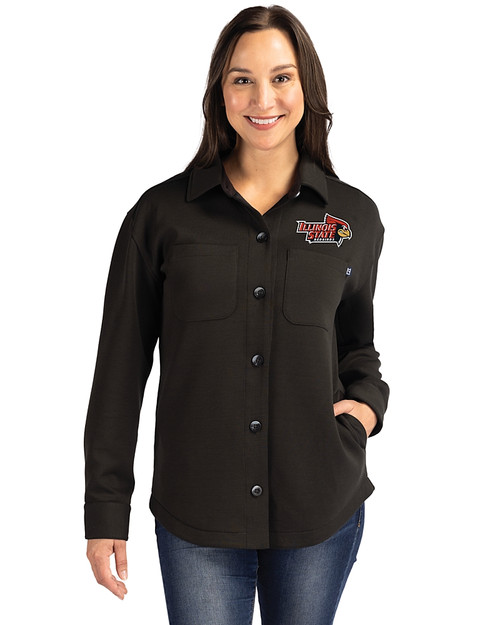 Illinois State Redbirds Cutter & Buck Roam Epic Versatility Recycled Womens Shirt Jacket Black Front