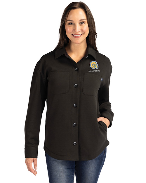 Albany State University Golden Rams Cutter & Buck Roam Epic Versatility Recycled Womens Shirt Jacket Black Front