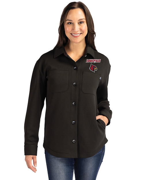 Louisville Cardinals Cutter & Buck Roam Epic Versatility Recycled Womens Shirt Jacket Black Front