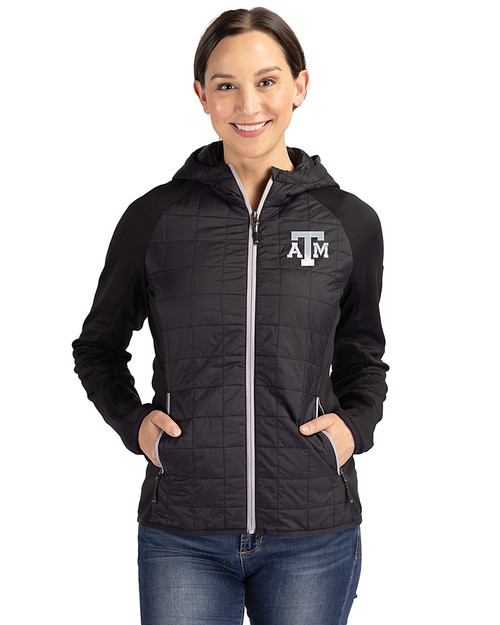 Texas A&M Aggies Cutter & Buck Rainier Primaloft Womens Eco Full Zip Hybrid Jacket Black Front
