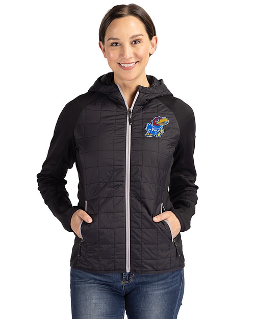 Kansas Jayhawks Cutter & Buck Rainier Primaloft Womens Eco Full Zip Hybrid Jacket Black Front