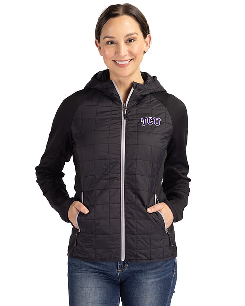 TCU Horned Frogs Cutter & Buck Rainier Primaloft Womens Eco Full Zip Hybrid Jacket Black Front
