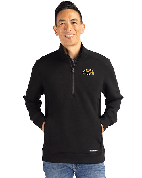 Southern Miss Golden Eagles Cutter & Buck Roam Epic Versatility Recycled Quarter Zip Mens Pullover Black Front