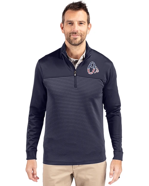 Baltimore Orioles Stars & Stripes Cutter & Buck Traverse Recycled Smooth Stretch Mens Big & Tall Stripe Quarter Zip Pullover Liberty Navy Front
