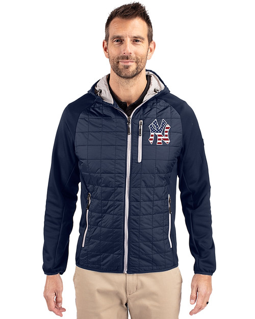 New York Yankees Stars & Stripes Cutter & Buck Rainier Recycled Insulated Hybrid Puffer Mens Full Zip Jacket Dark Navy Front