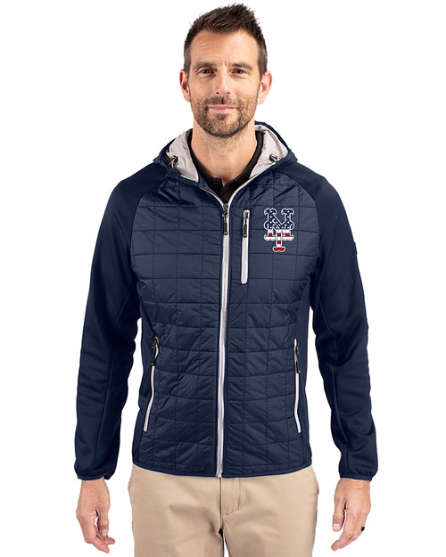 New York Mets Stars & Stripes Cutter & Buck Rainier Primaloft Mens Eco Full Zip Hybrid Jacket Dark Navy Front