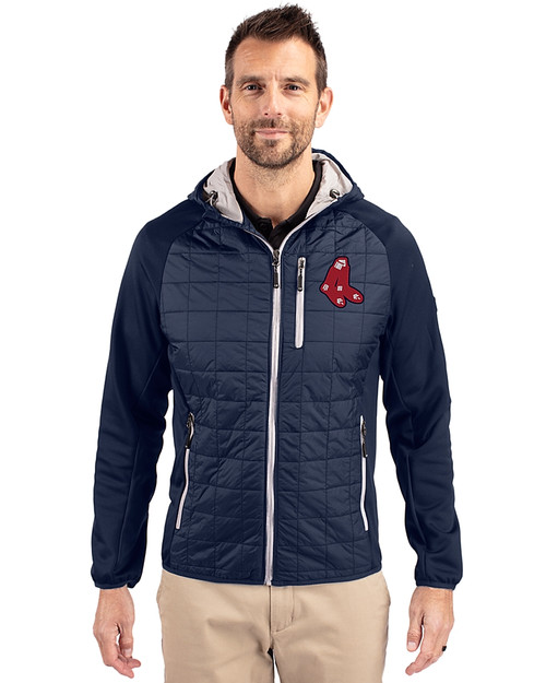 Boston Red Sox Cooperstown Cutter & Buck Rainier Primaloft Mens Eco Full Zip Hybrid Jacket Dark Navy Front