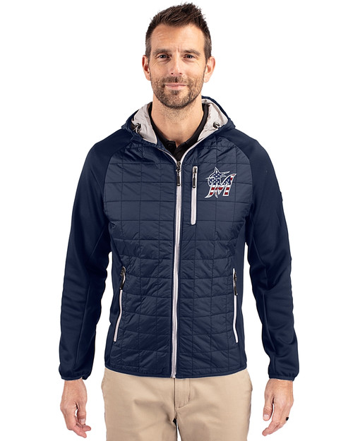 Miami Marlins Stars & Stripes Cutter & Buck Rainier Primaloft Mens Eco Full Zip Hybrid Jacket Dark Navy Front