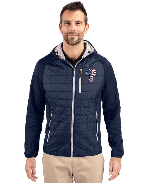Philadelphia Phillies Stars & Stripes Cutter & Buck Rainier Primaloft Mens Eco Full Zip Hybrid Jacket Dark Navy Front