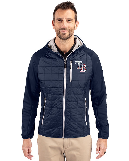 Tampa Bay Rays Stars & Stripes Cutter & Buck Rainier Primaloft Mens Eco Full Zip Hybrid Jacket Dark Navy Front