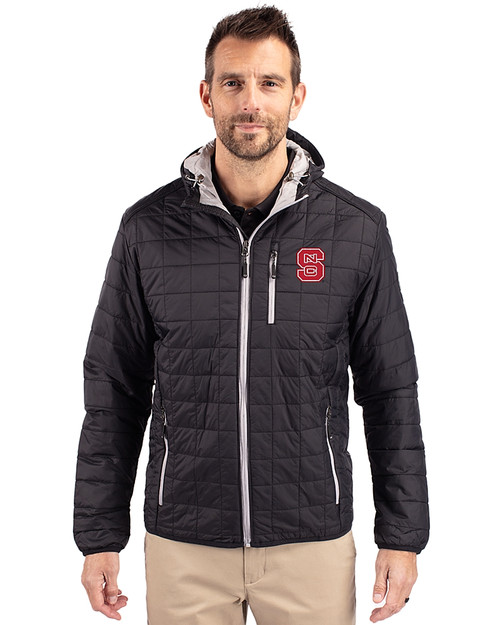 NC State Wolfpack Cutter & Buck Rainier Primaloft Eco Mens Full Zip Hooded Jacket Black Front