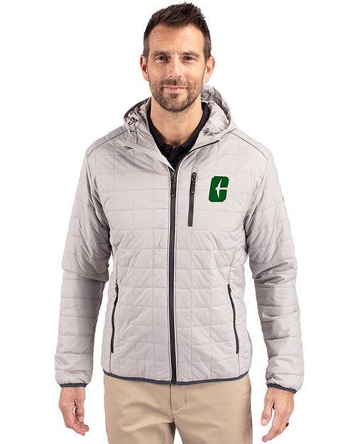 Charlotte 49ers Cutter & Buck Rainier Primaloft Eco Mens Full Zip Hooded Jacket Polished Medium Gray Front
