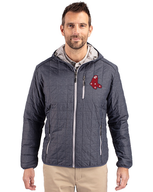 Boston Red Sox Cooperstown Cutter & Buck Rainier Recycled Insulated Puffer Mens Full Zip Hooded Jacket Anthracite Melange Front