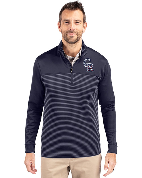 Colorado Rockies Stars & Stripes Cutter & Buck Traverse Stretch Eco Stripe Quarter Zip Mens Big and Tall Pullover Liberty Navy Front