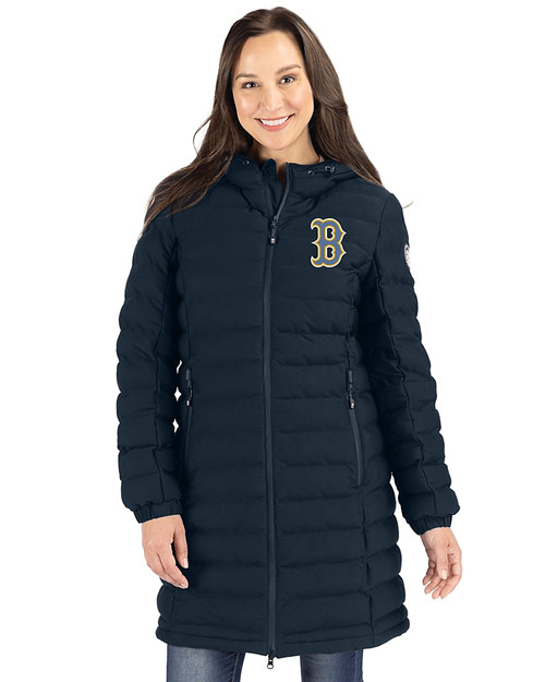 Boston Red Sox City Connect Cutter & Buck Mission Ridge Repreve Eco Insulated Womens Long Puffer Jacket Navy Blue Front