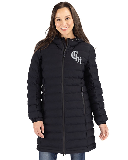 Chicago White Sox City Connect Cutter & Buck Mission Ridge Repreve Eco Insulated Womens Long Puffer Jacket Black Front