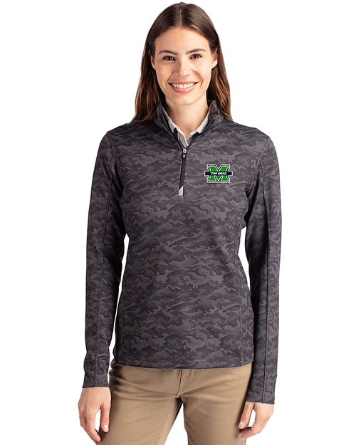 Marshall Thundering Herd Cutter & Buck Traverse Stretch Eco Camo Print Quarter Zip Womens Pullover Black Front