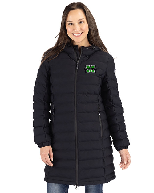 Marshall Thundering Herd Cutter & Buck Mission Ridge Repreve Eco Insulated Womens Long Puffer Jacket Black Front