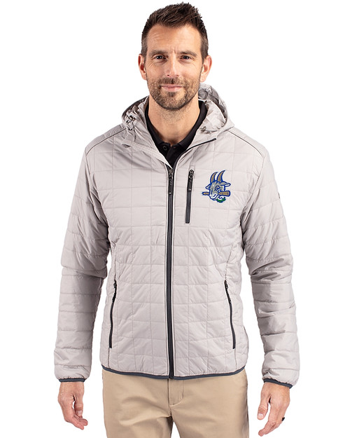 Hartford Yard Goats Cutter & Buck Rainier Primaloft Eco Mens Full Zip Hooded Jacket Polished Medium Gray Front