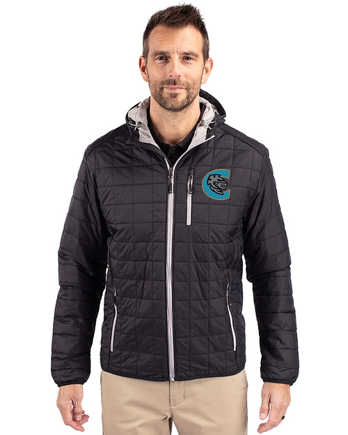 Charlotte Knights Cutter & Buck Rainier Recycled Insulated Puffer Mens Full Zip Hooded Jacket Black Front