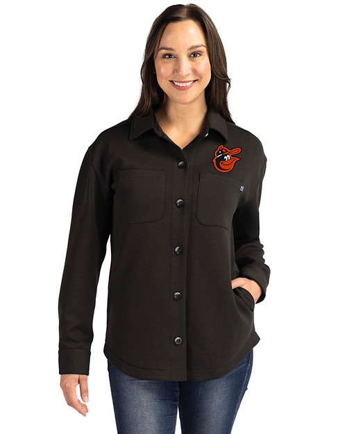 Baltimore Orioles Cooperstown Cutter & Buck Roam Epic Versatility Recycled Womens Shirt Jacket Black Front