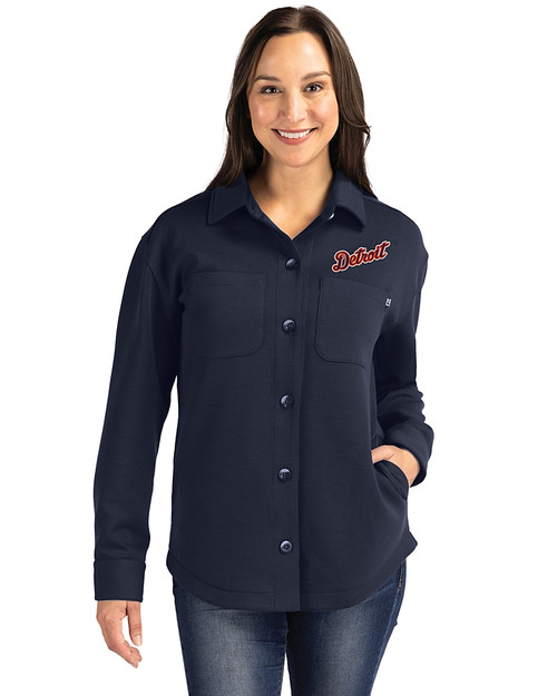 Detroit Tigers Cooperstown Cutter & Buck Roam Epic Versatility Recycled Womens Shirt Jacket Navy Blue Front