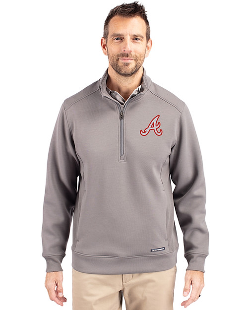 Atlanta Braves Cooperstown Cutter & Buck Roam Epic Versatility Recycled Quarter Zip Mens Pullover Elemental Grey Front