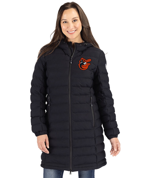 Baltimore Orioles Cooperstown Cutter & Buck Mission Ridge   Repreve® Recycled Insulated Puffer Womens Full Zip Long Jacket Black Front