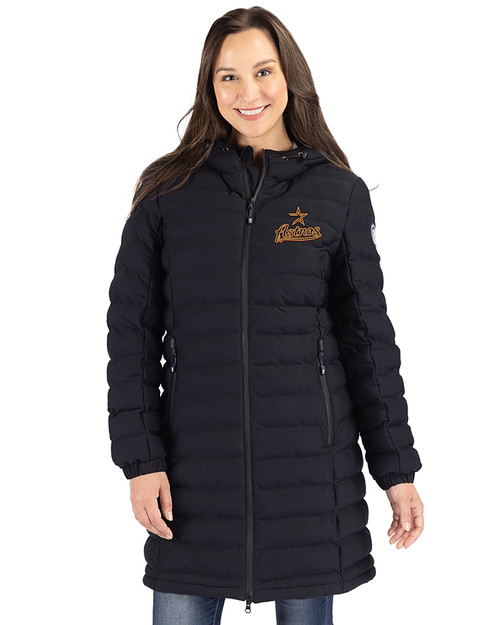 Houston Astros Cooperstown Cutter & Buck Mission Ridge Repreve Eco Insulated Womens Long Puffer Jacket Black Front
