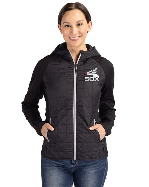 Chicago White Sox Cooperstown Cutter & Buck Rainier Primaloft Womens Eco Full Zip Hybrid Jacket Black Front
