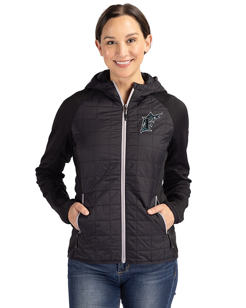 Miami Marlins Cooperstown Cutter & Buck Rainier Primaloft Womens Eco Full Zip Hybrid Jacket Black Front