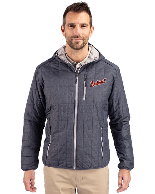 Detroit Tigers Cooperstown Cutter & Buck Rainier Primaloft Eco Mens Full Zip Hooded Jacket Anthracite Melange Front