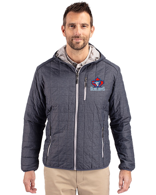 Toronto Blue Jays Cooperstown Cutter & Buck Rainier Primaloft Eco Mens Full Zip Hooded Jacket Anthracite Melange Front